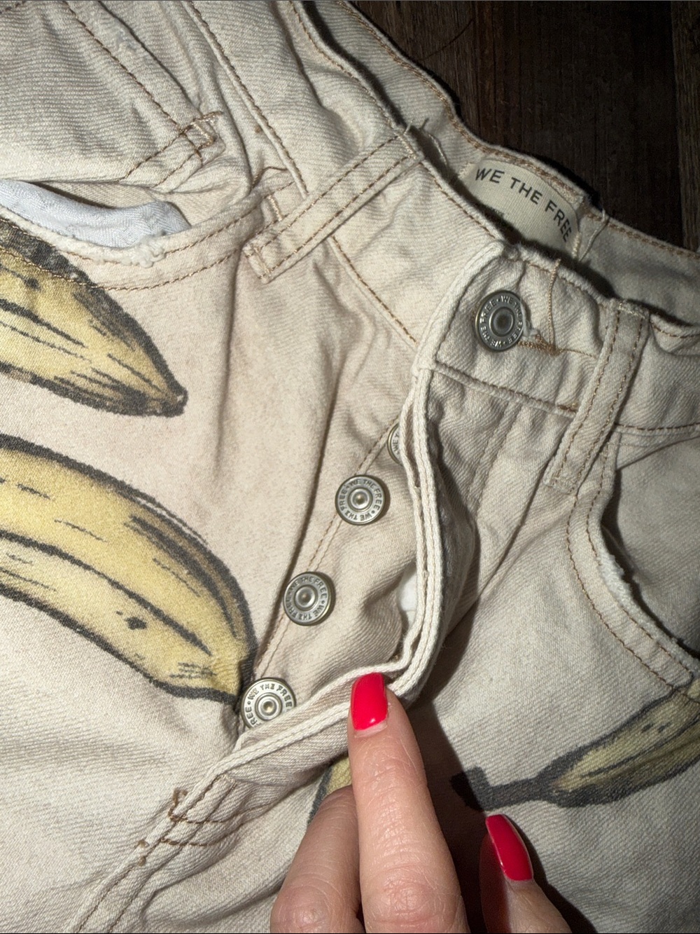 NWT We The Free Cream Denim Barrel Jeans with Yellow Banana Print - Picture 5 of 5